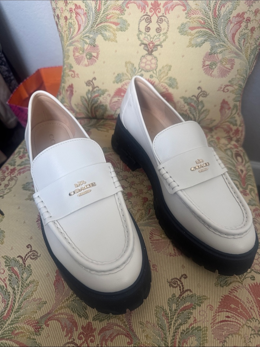 Coach White Leather Lug Sole Women’s Loafers